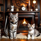 Cozy Vintage Library with Cats and Fireplace Scene