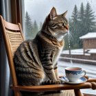 Tabby Cat by Window in Serene Winter Scene