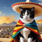 Black and white cat in poncho and sombrero in desert
