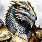 Majestic dragon with blue and silver scales and armor