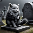 Fluffy Gray Cat with Sword in Misty Graveyard