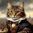 Regal Cat in Formal Attire Against City Skyline