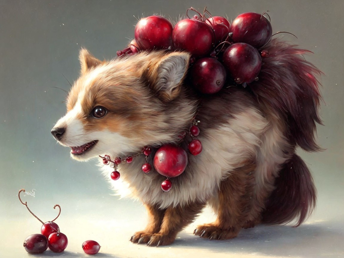 Fluffy Dog with Berry Necklace in Whimsical Scene