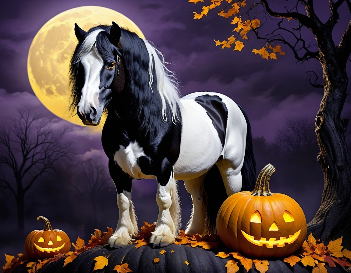 Black and White Horse with Halloween Decor and Moonlight