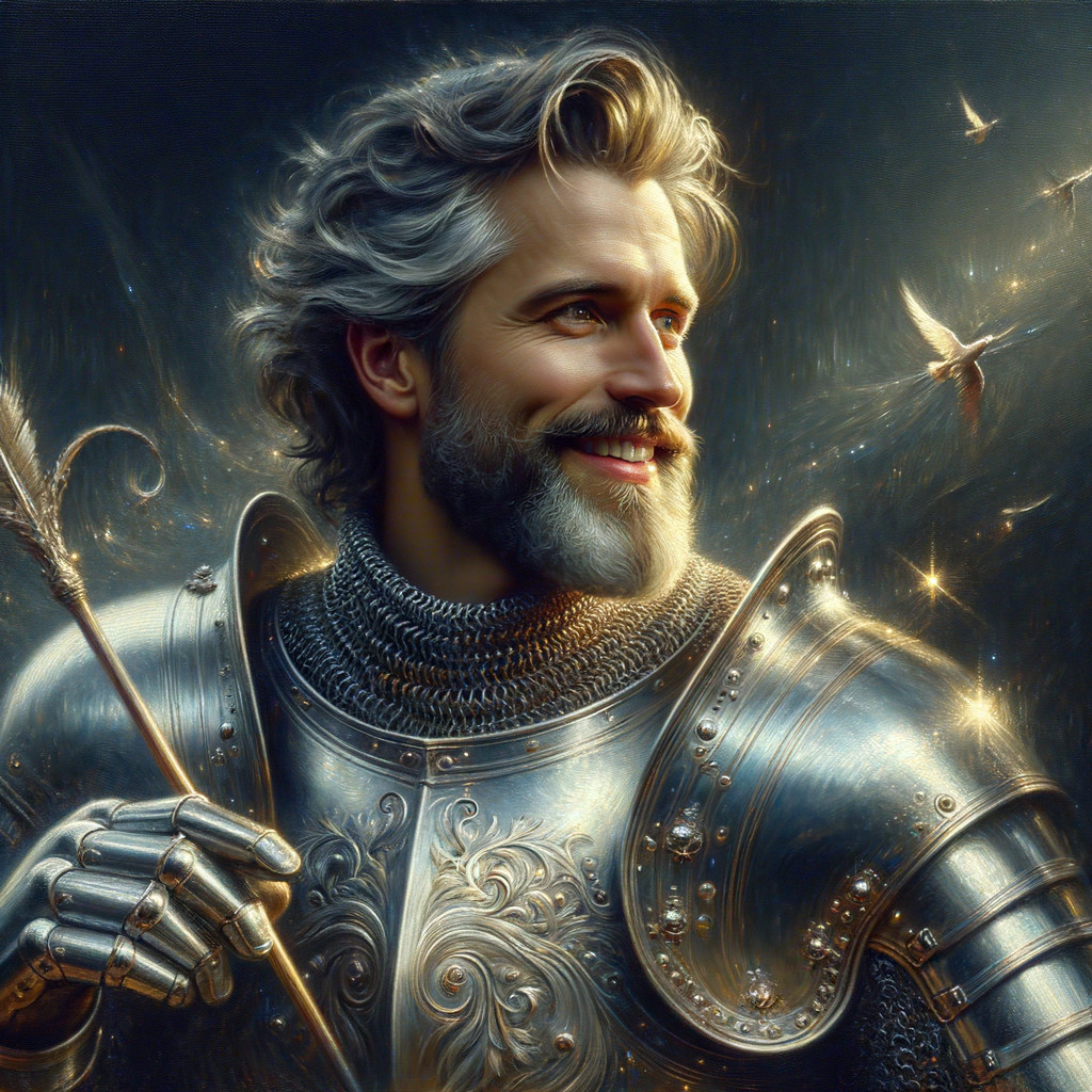 Noble knight in detailed armor with magical background