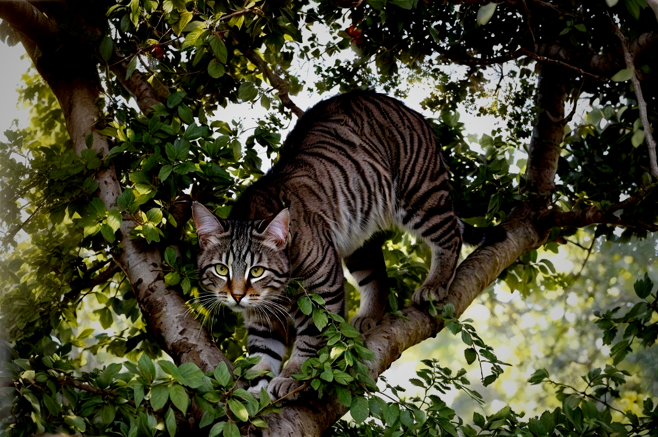 Striped Cat Perched on Lush Green Tree Branches