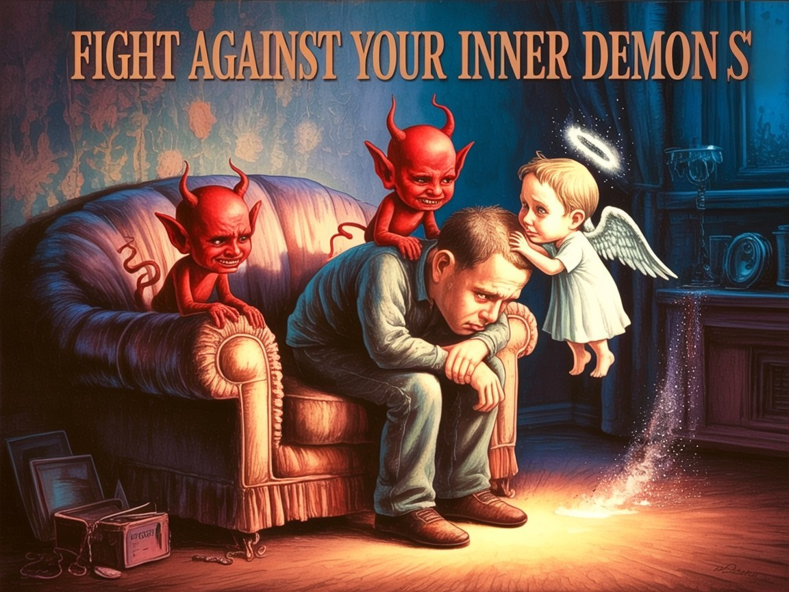 Man on Couch Surrounded by Demons and Angel Symbolizing Conflict