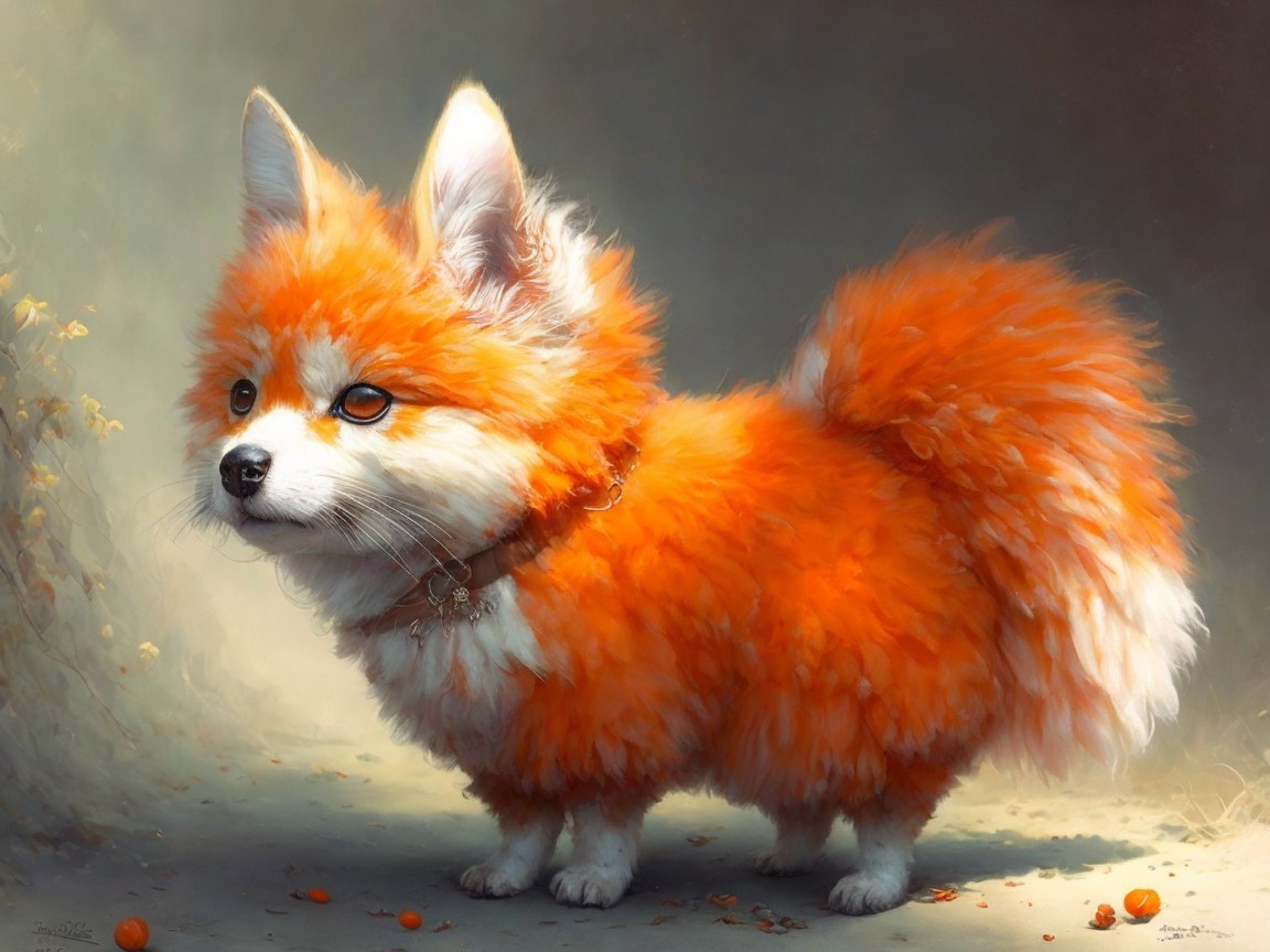 Fluffy Orange Dog in Ethereal Light with Blurred Background