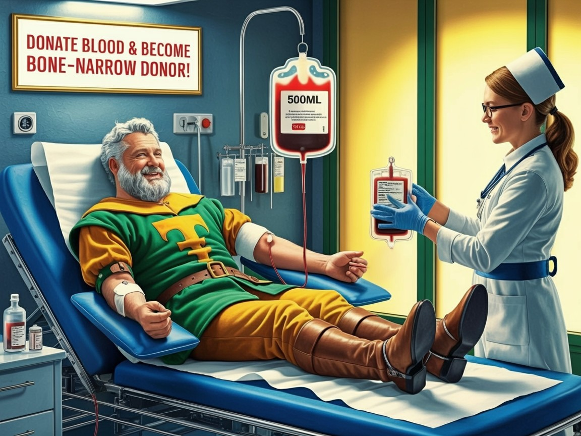 Cheerful Man in Fantasy Costume Donates Blood in Hospital
