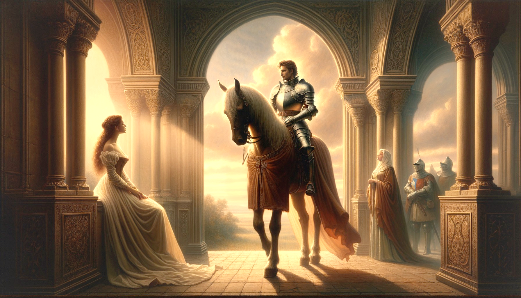 Knight on Horse and Woman in Architectural Setting