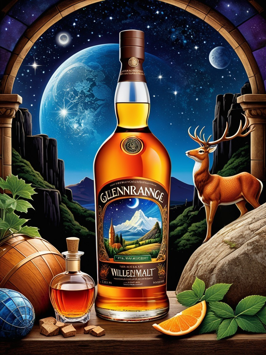 Vibrant Artistic Depiction of Glenrange Whiskey Bottle