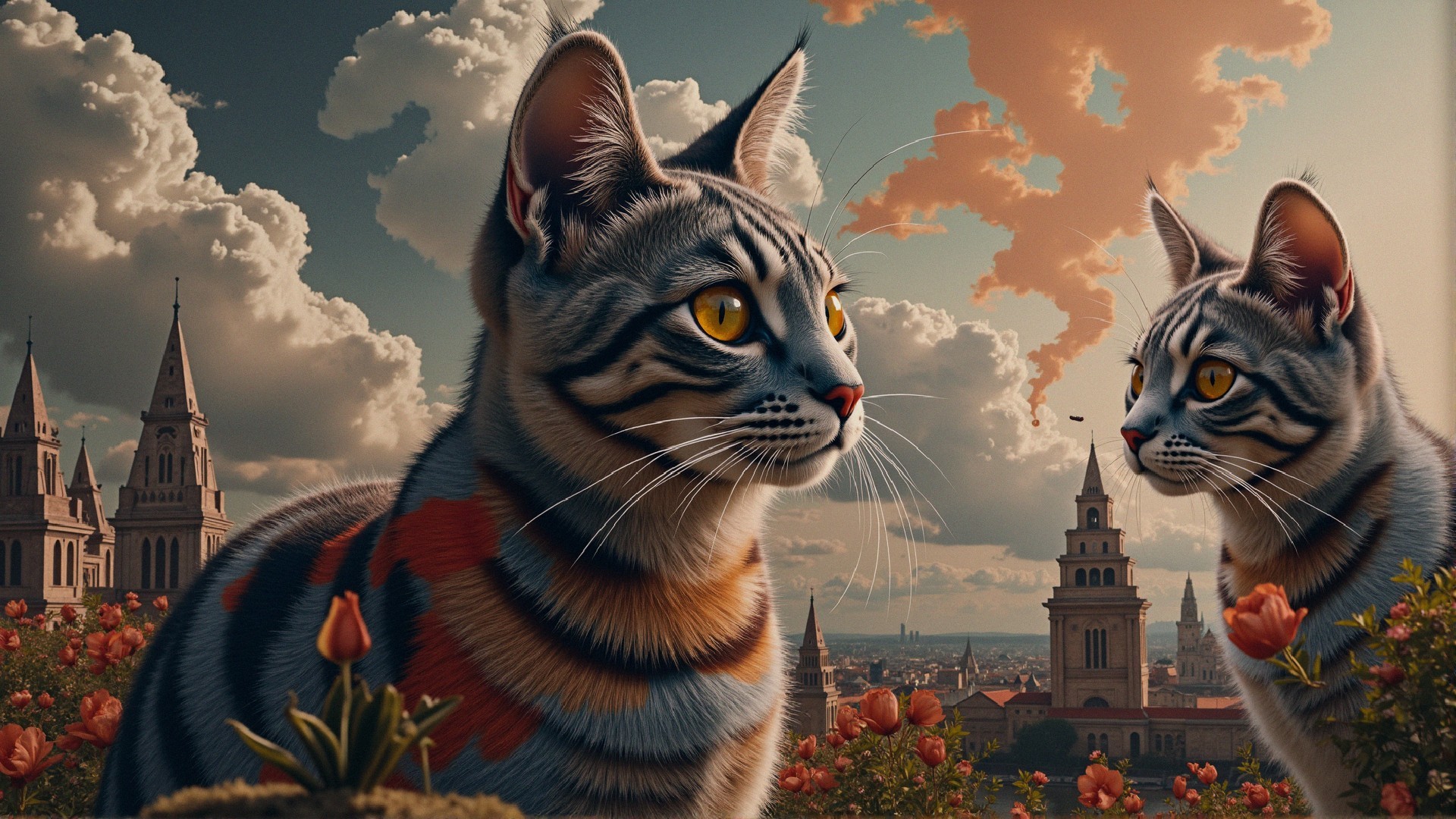 Majestic Cats with Striped Fur in Dreamlike Setting