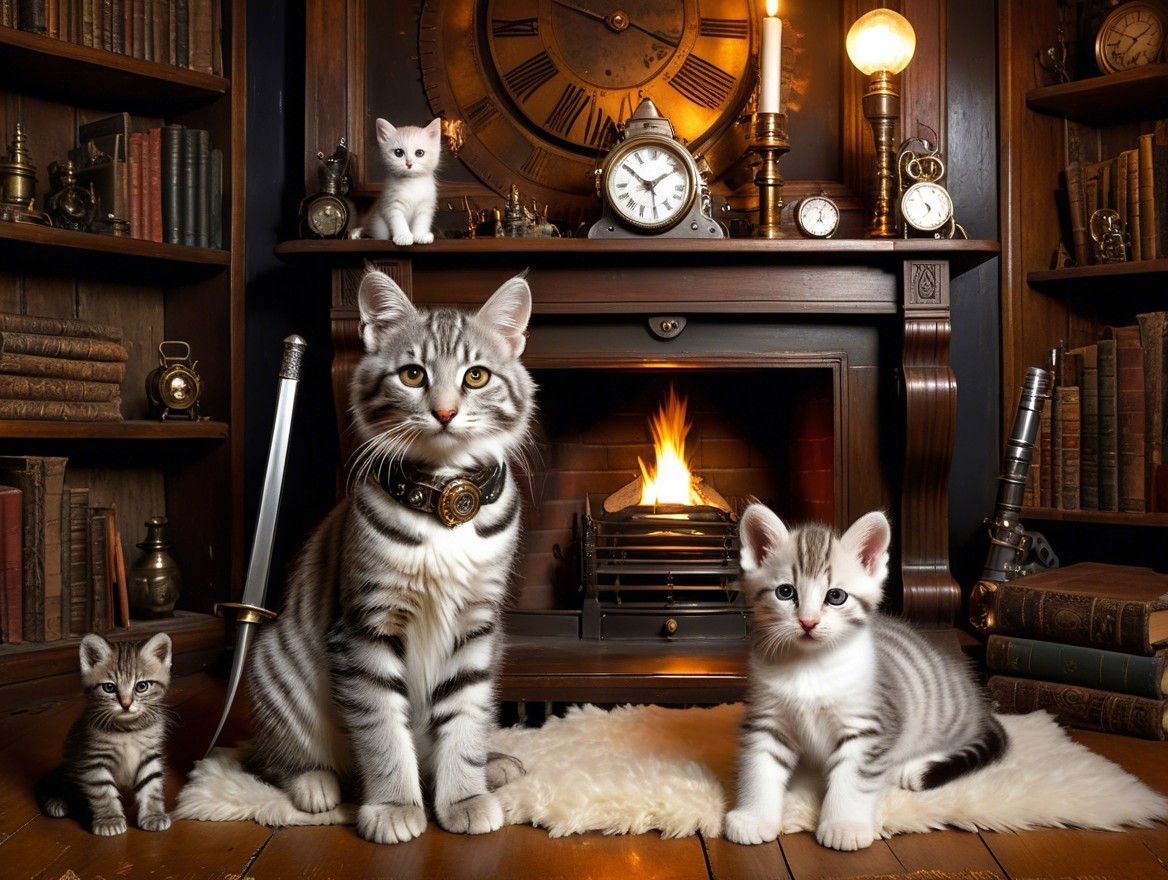 Cozy Vintage Library with Cats and Fireplace Scene