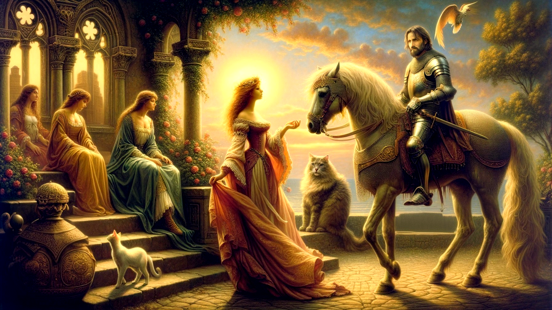 Medieval Scene of Knight and Maiden in Lush Garden