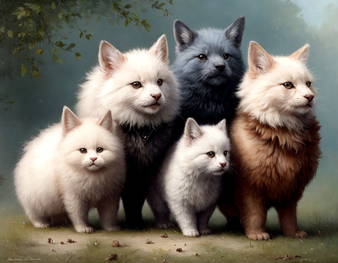Fluffy Cats in Serene Outdoor Greenery Setting