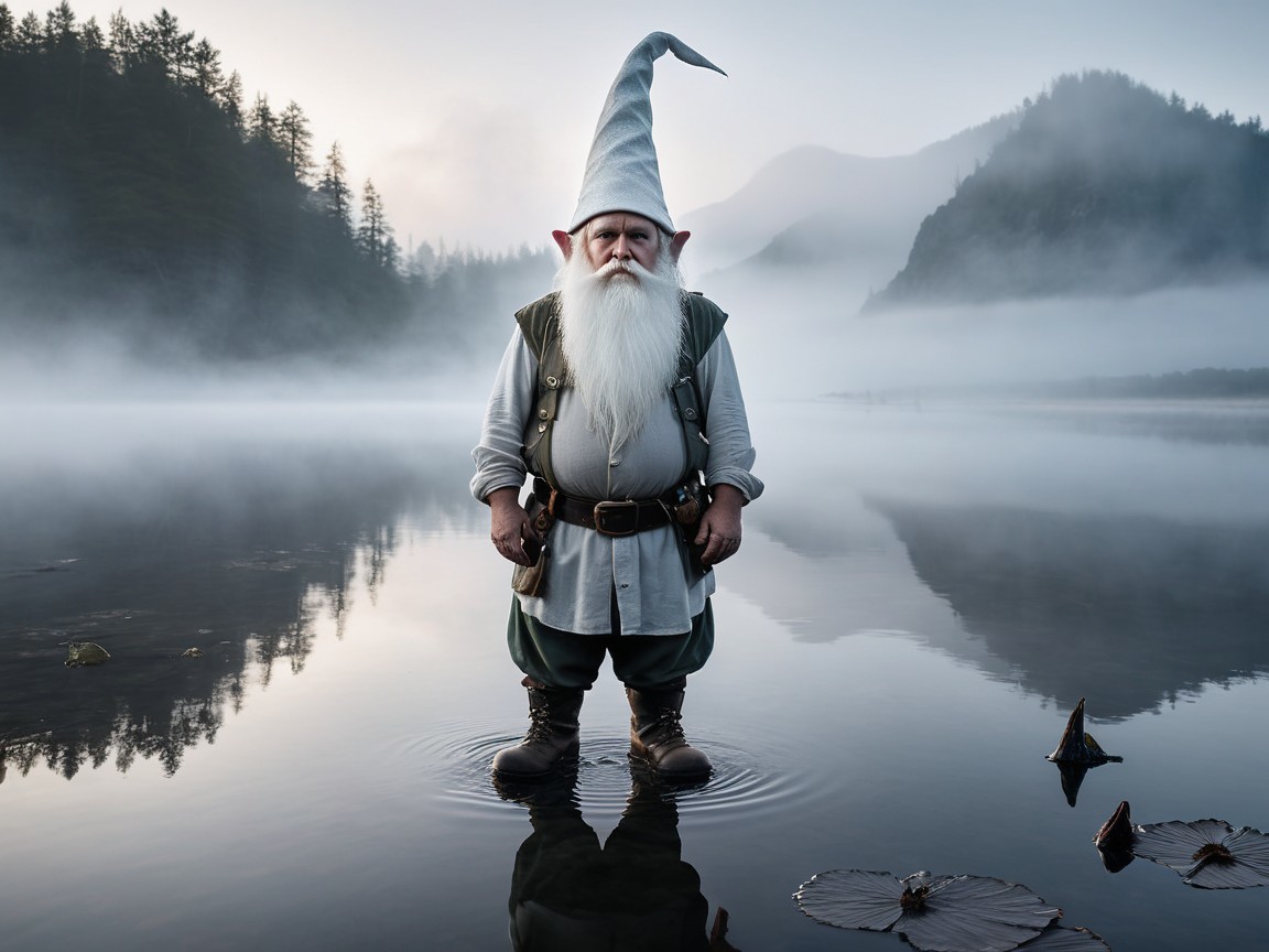Whimsical Gnome in Misty Landscape by Serene Lake