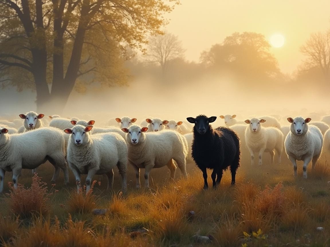 Serene Countryside Scene with Flock of Sheep at Sunrise