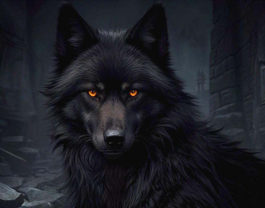 Black wolf with thick fur and piercing orange eyes