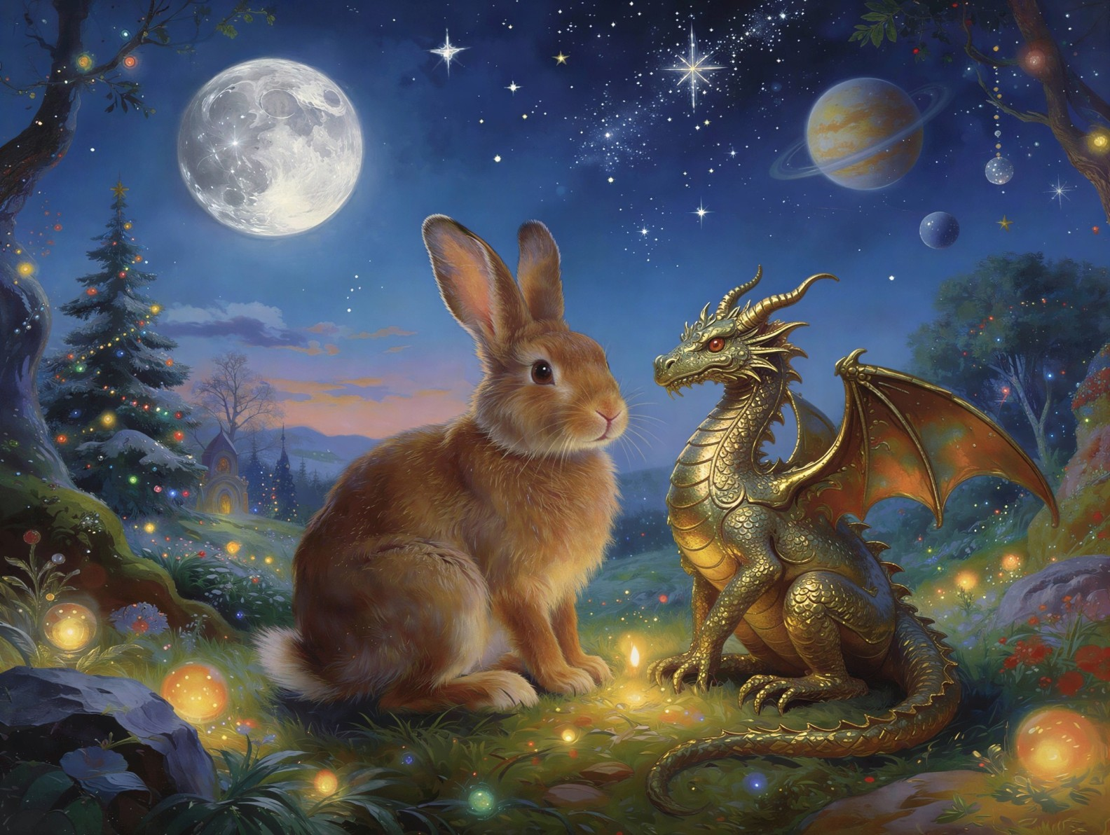 Twilight Wonderland with Rabbit and Golden Dragon