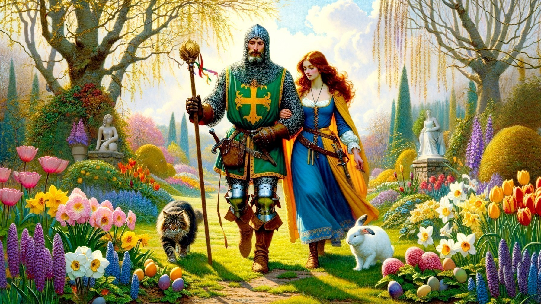 Knight and Lady in a Colorful Garden Setting