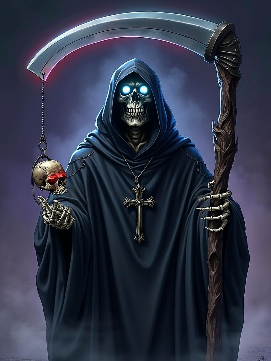 Menacing skeletal figure representing Death in dark robes