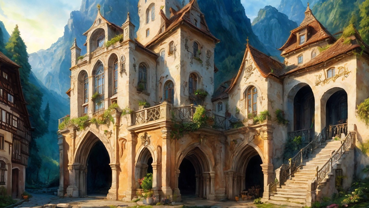 Medieval Building in a Lush Mountainous Landscape