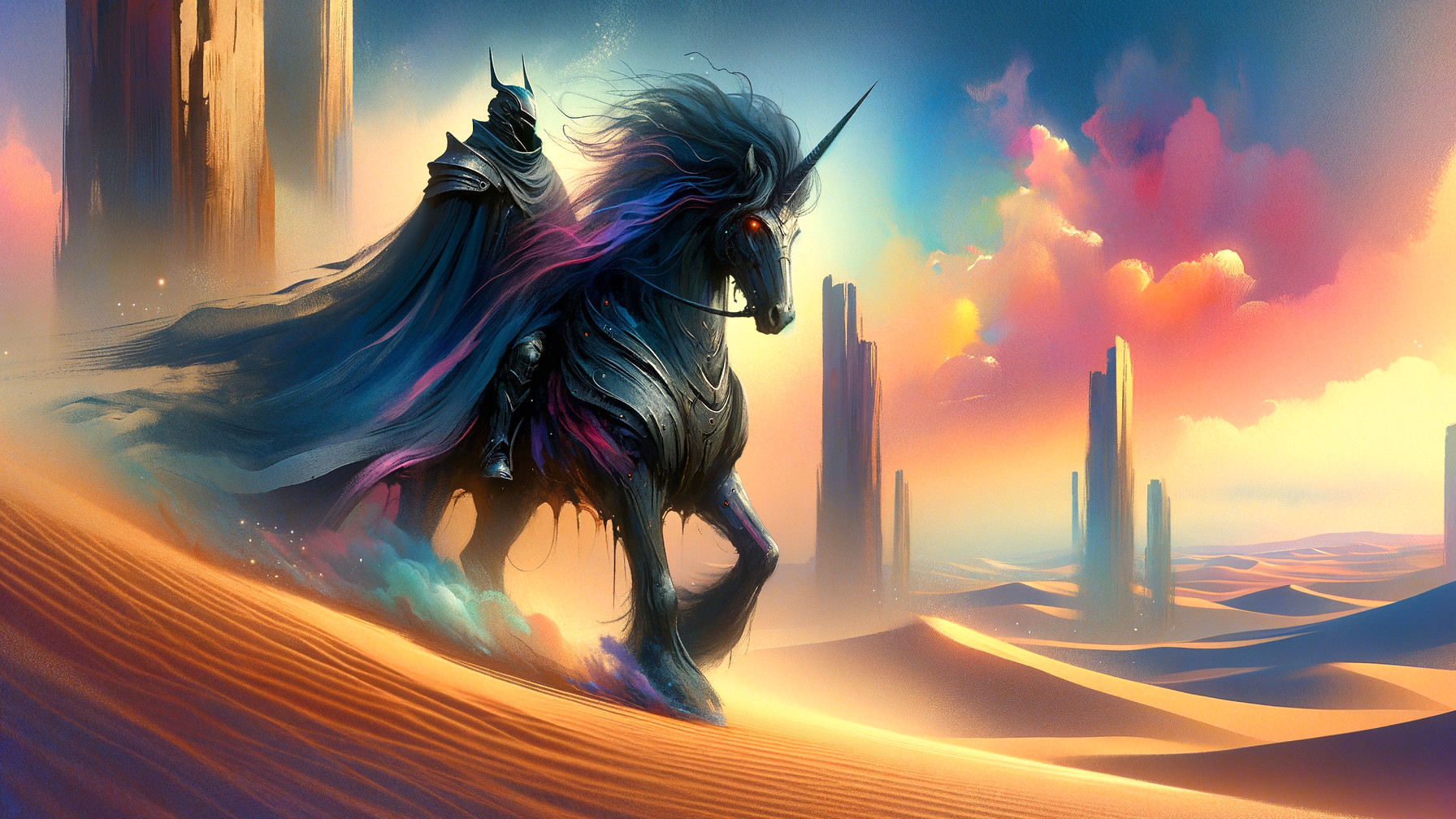 Black unicorn in desert at sunset with armored figure