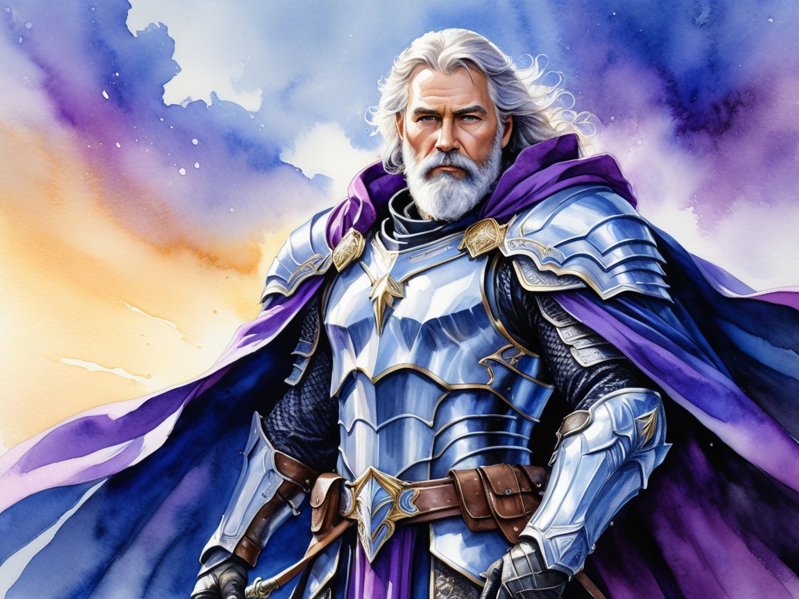 Regal warrior in silver armor with purple cape at sunset