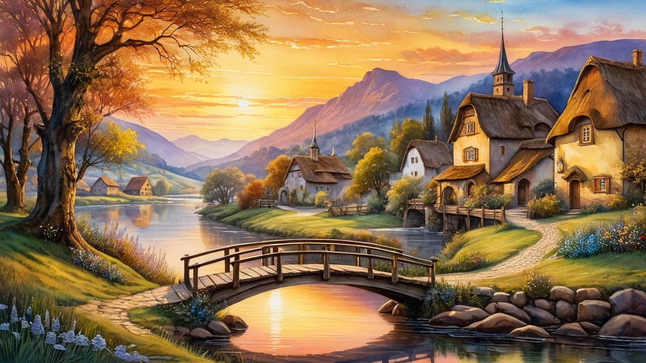 Serene Sunset Landscape with Cottages and River