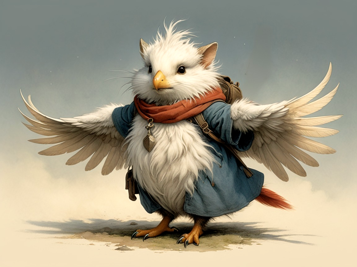 Whimsical Creature with Feathers and Cozy Attire