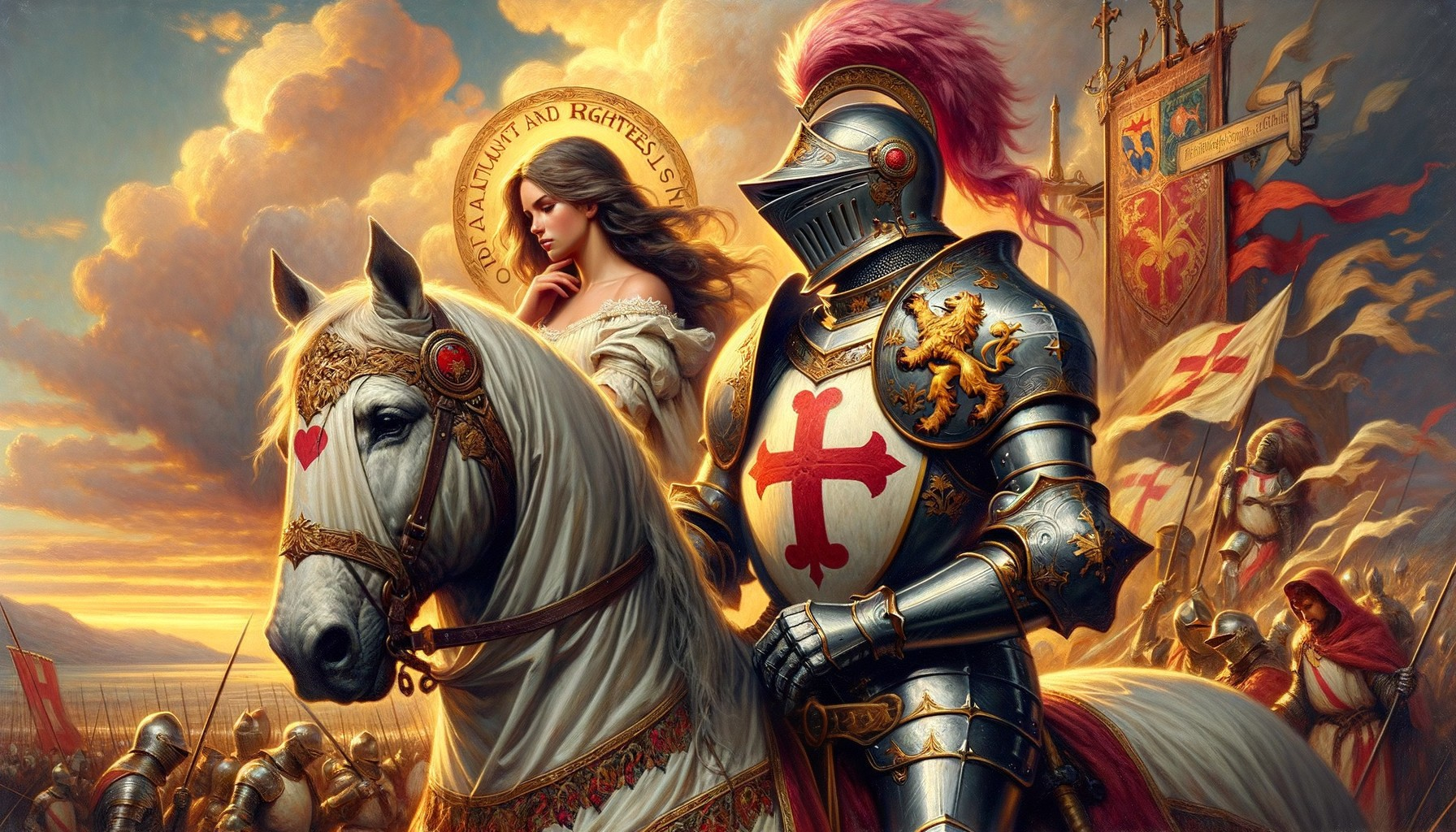 Knight in Armor with White Steed and Maiden in Gown