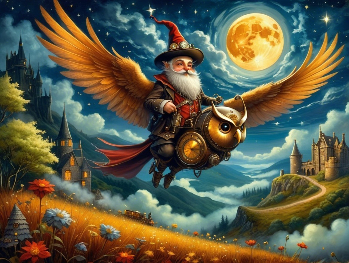 Whimsical Wizard Riding Owl in Moonlit Sky