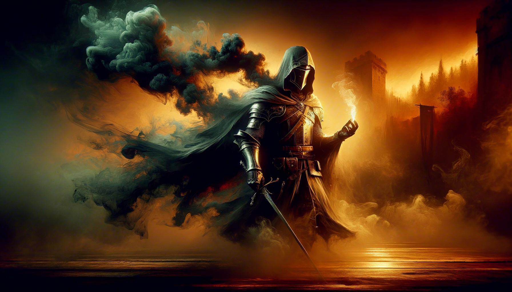 Cloaked Knight in Dark Armor Amidst Smoke and Castle