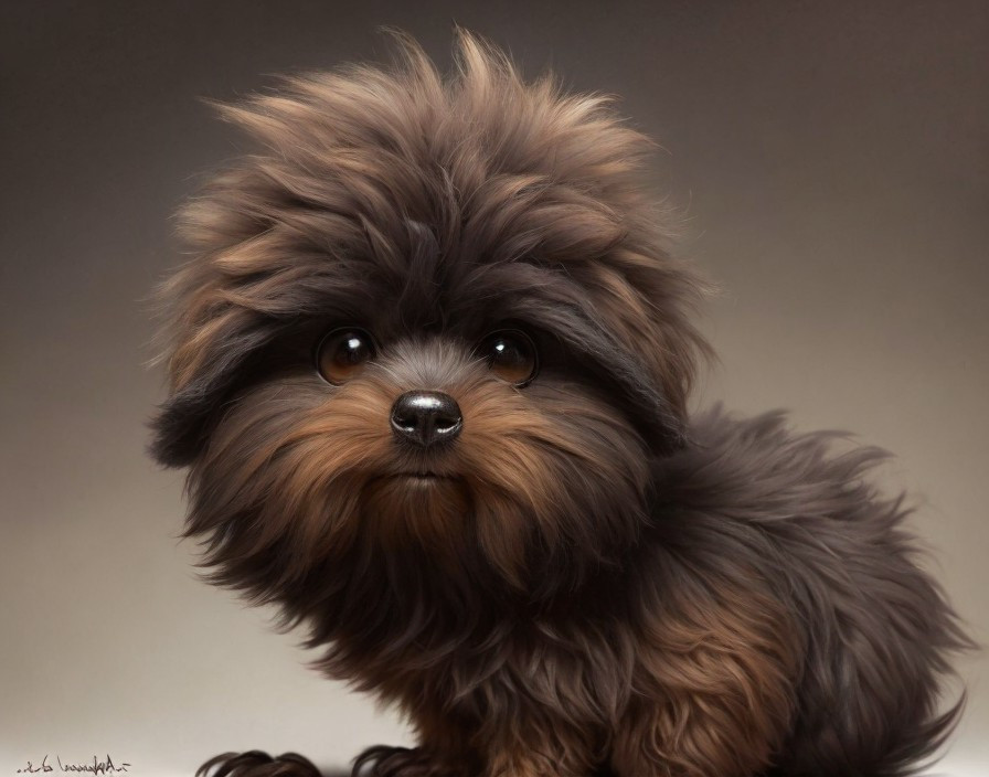 Fluffy brown and black dog with expressive eyes