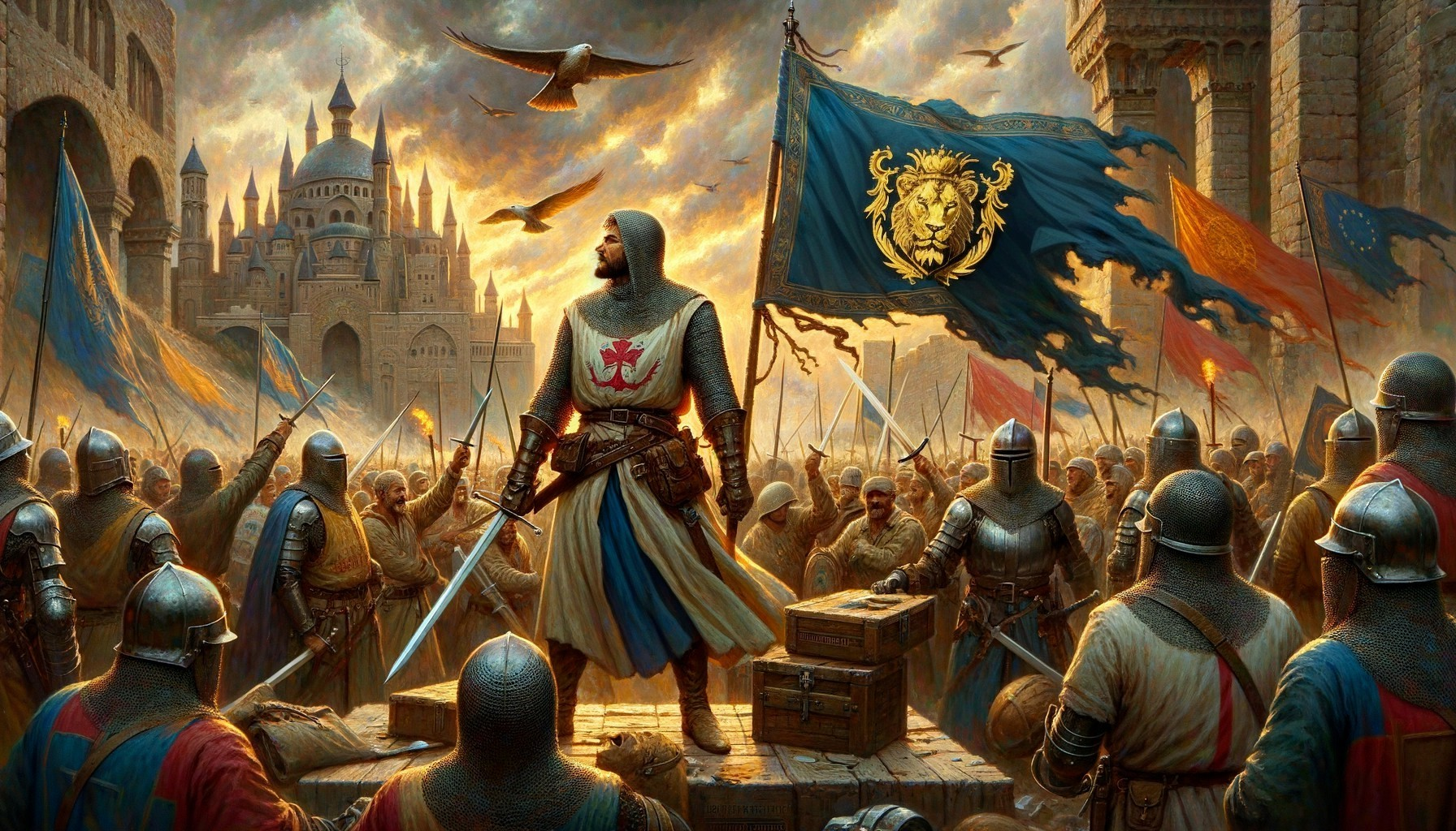 Knight with Sword and Lion Flag in Medieval Scene