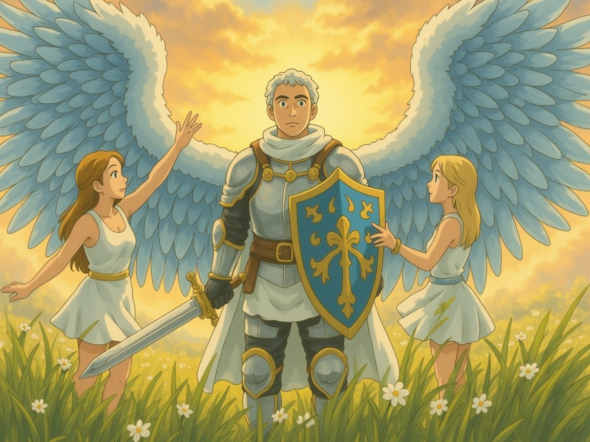 Heroic Figure with Wings in Vibrant Meadow Scene