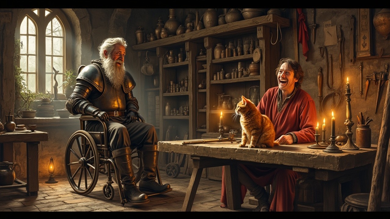 Warm Workshop Scene with Knight, Robed Man, and Cat