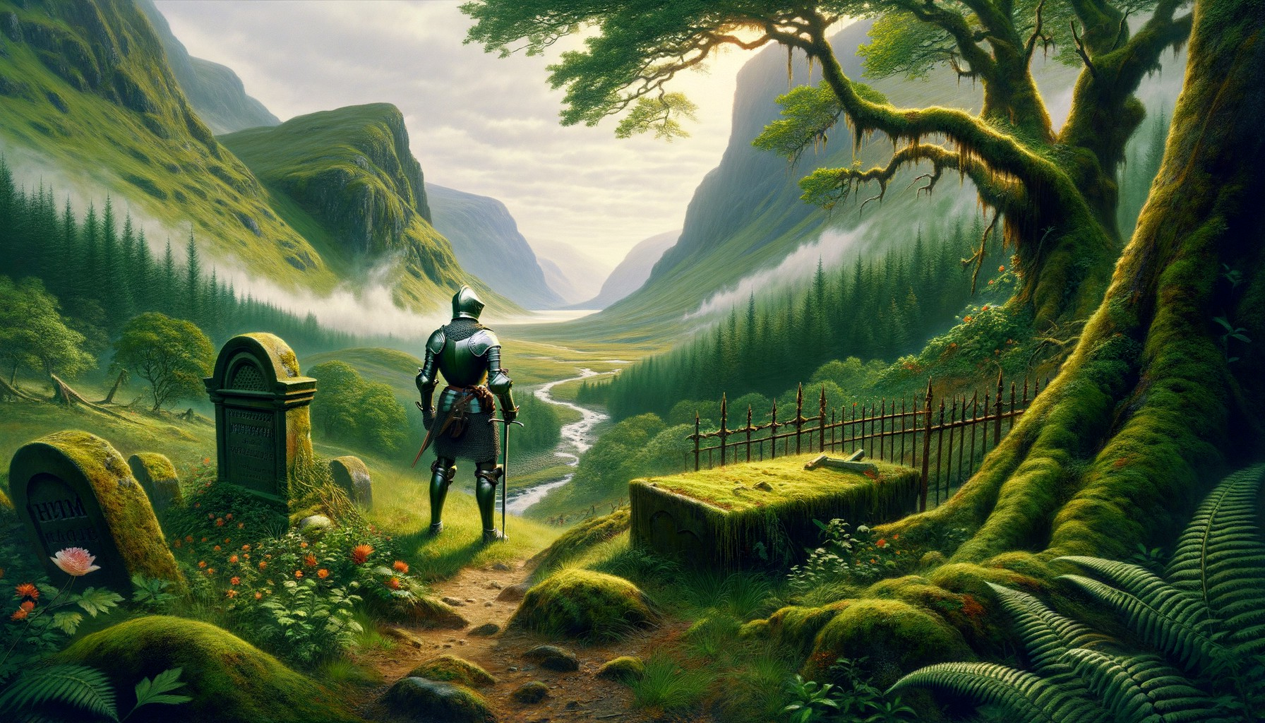 Knight in Armor Overlooking Verdant Valley Landscape