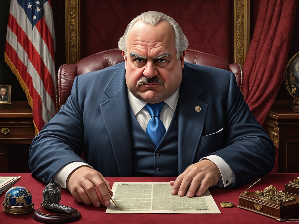Stern Man in Dark Suit at Elegant Office Desk