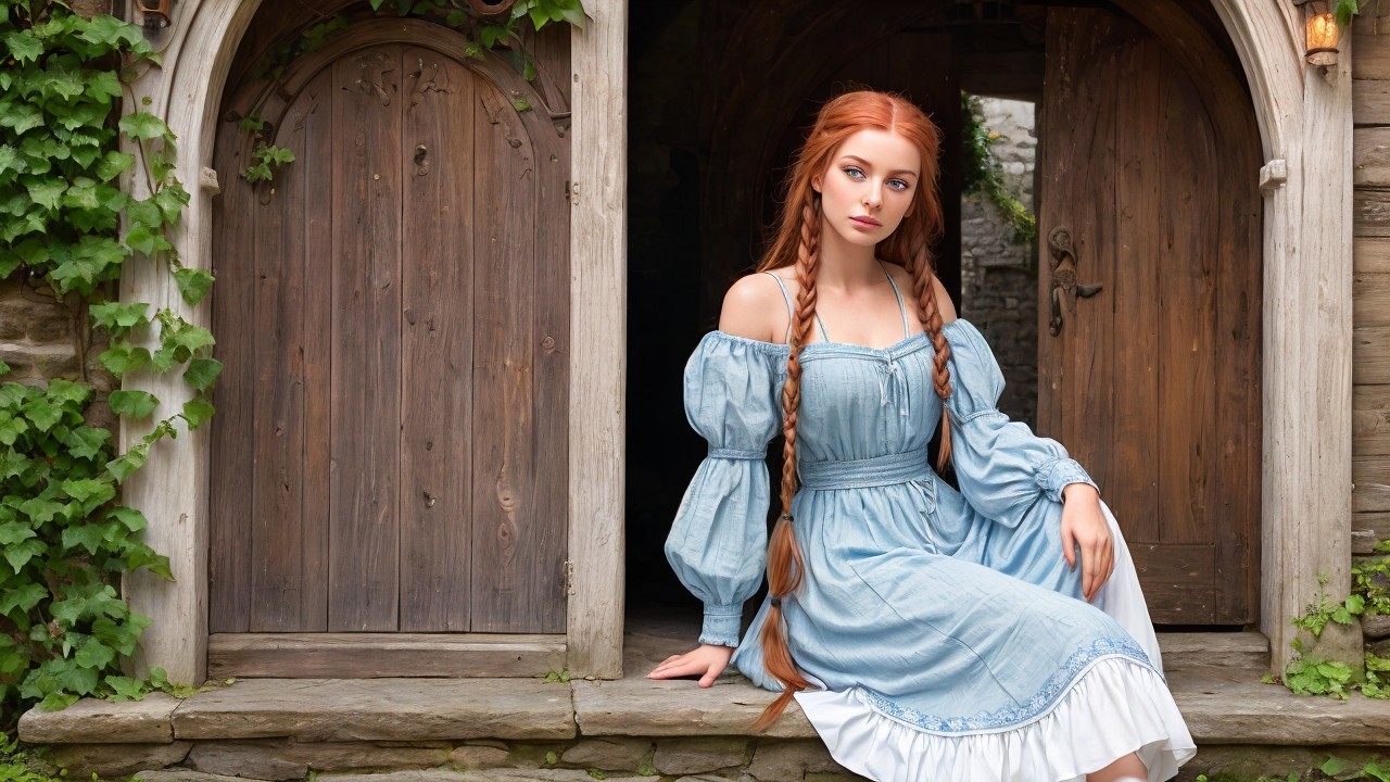 Young woman in blue dress by rustic doors and greenery