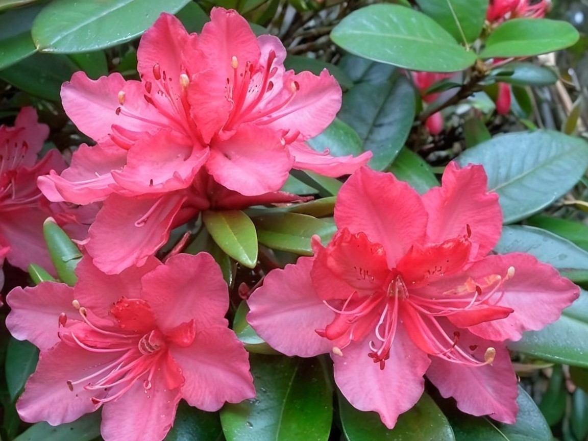 Vibrant Pink Azalea Flowers Among Glossy Green Leaves