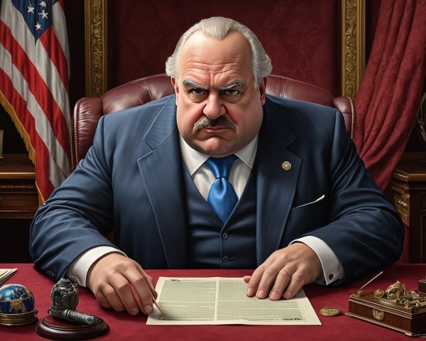 Stern Man in Dark Suit at Elegant Office Desk