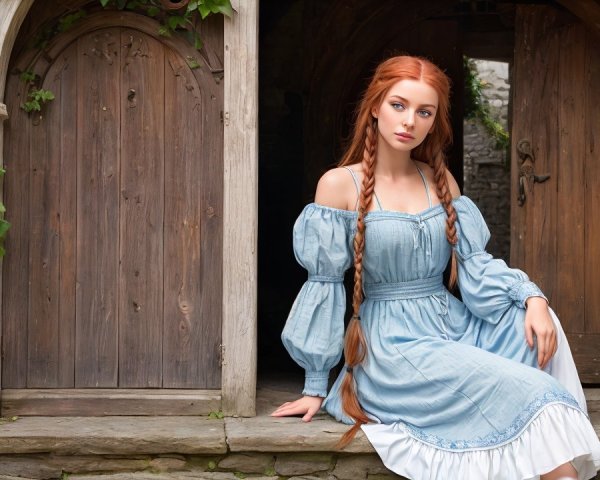Young woman in blue dress by rustic doors and greenery