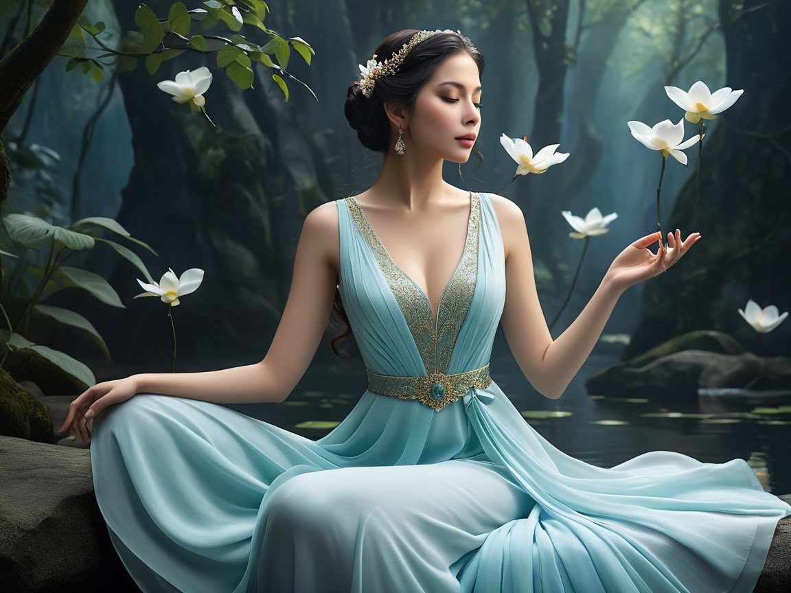 Woman in Light Blue Gown by Tranquil Pond