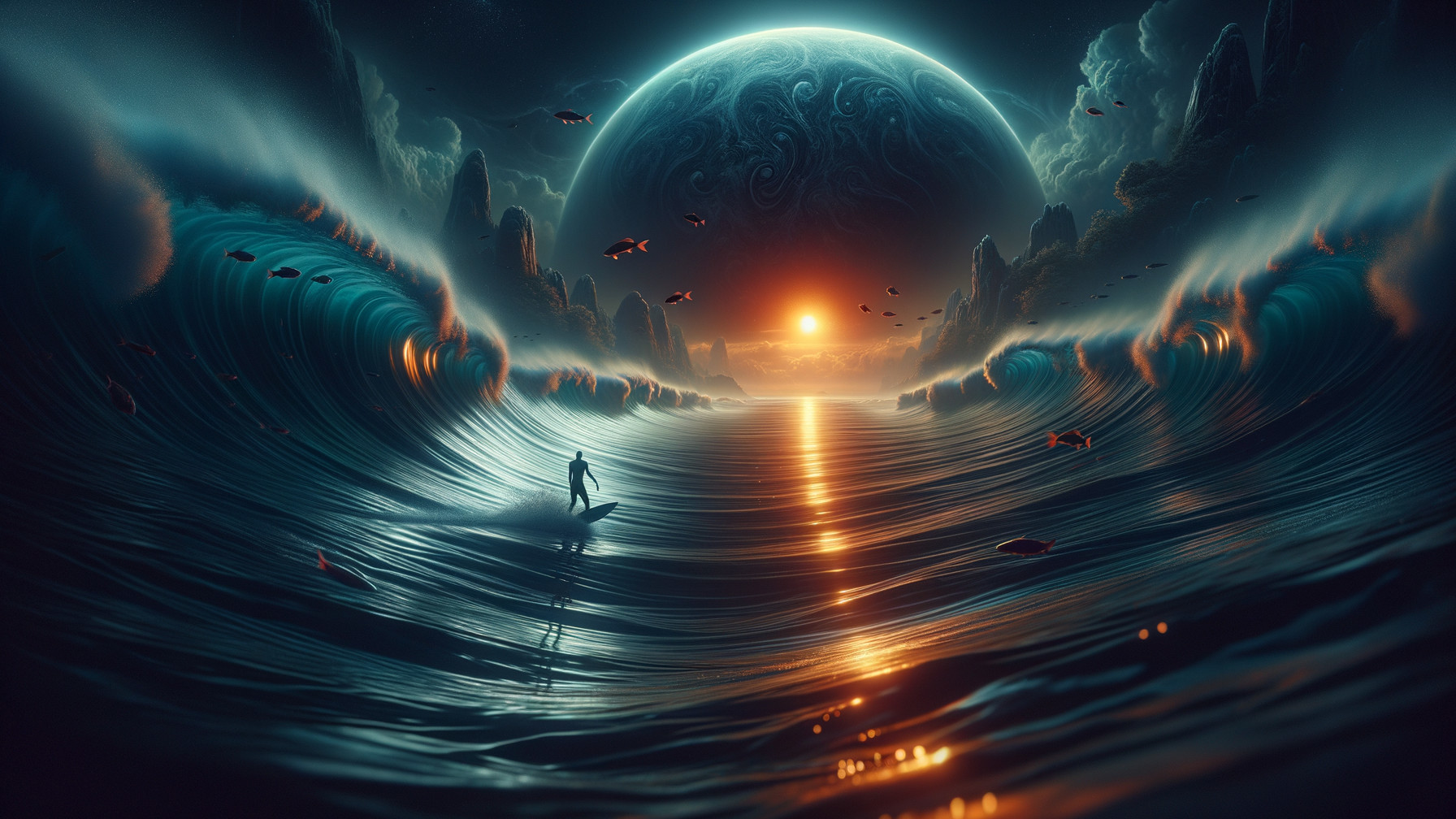 Surfer on a Massive Wave at Vibrant Sunset Scene