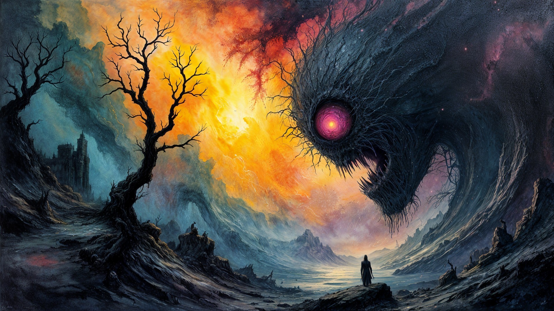 Surreal Landscape with Cosmic Sky and Monstrous Entity