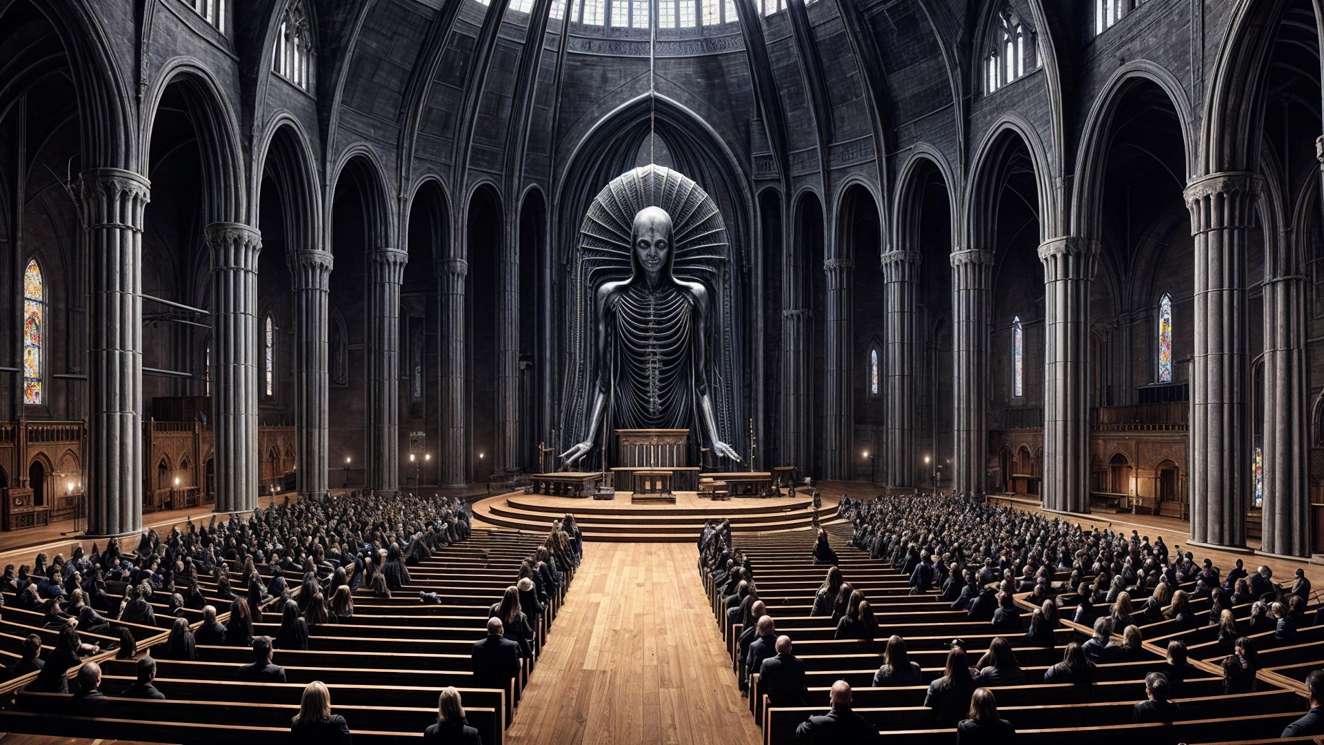 Gothic Cathedral with Skeletal Figure and Congregation