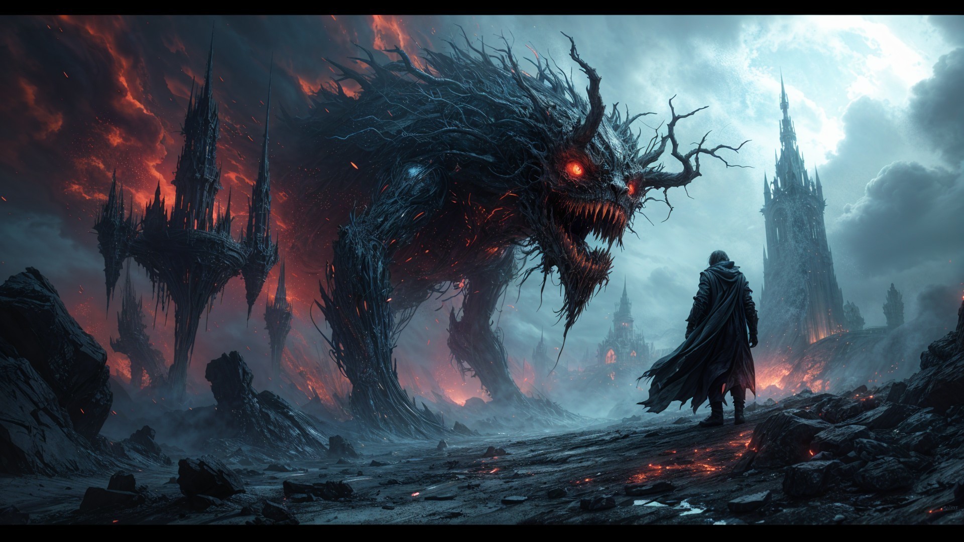 Dark Landscape with Monstrous Creature and Cloaked Figure