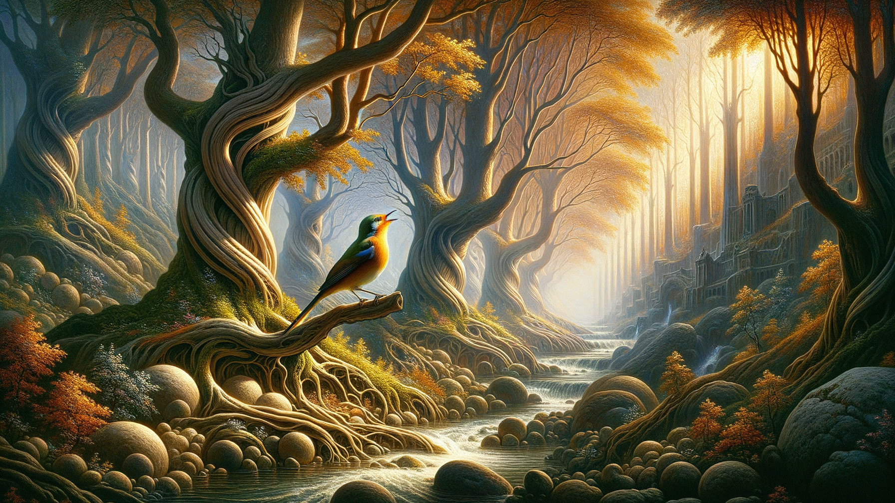 Serene forest scene with autumn leaves and stream