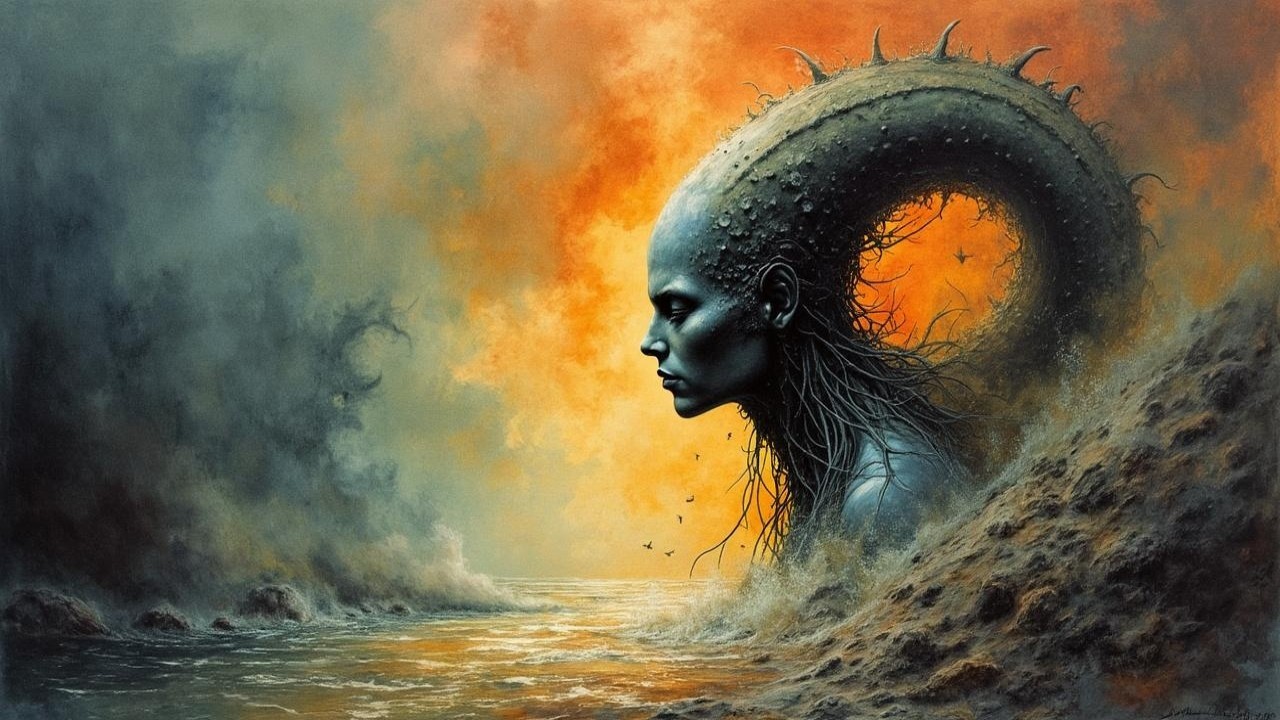 Surreal Figure with Woman's Face and Serpent Form